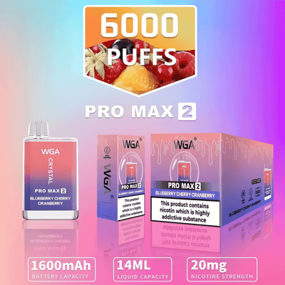 Vape device packaging for "WGA Crystal Pro Max 2" in blueberry cherry cranberry flavor, featuring 6000 puffs, 1600mAh battery, 14ml liquid capacity, and 20mg nicotine strength.