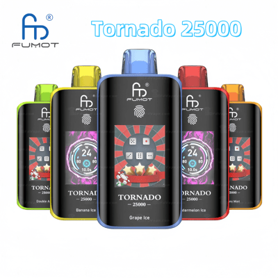 FUMOT Tornado 25000 Einweg-Vaping-Geräte in verschiedenen Geschmacksrichtungen, mit einem eleganten schwarzen Design mit farbenfrohen Akzenten und Digitalanzeige.
