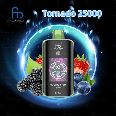 Ein schwarz-grünes Verdampfergerät mit der Aufschrift „Fumot Tornado 25000“ und einer Digitalanzeige, umgeben von Abbildungen von Erdbeeren, Blaubeeren und Brombeeren auf einem leuchtend blauen und feurigen Hintergrund.