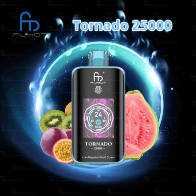 Ein schwarzes und elegantes FUMOT Tornado 25000-Vaping-Gerät mit einer digitalen Anzeige der Einstellungen, umgeben von lebendigen Kiwi-, Passionsfrucht- und Guaven-Grafiken auf einem leuchtend blauen und feurigen Hintergrund.