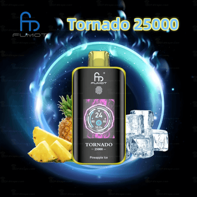 FUMOT Tornado 25000 Vape-Gerät mit Ananaseisgeschmack, ausgestattet mit einer digitalen Anzeige, umgeben von Ananasscheiben und Eiswürfeln mit einem leuchtend blauen kreisförmigen Hintergrund.