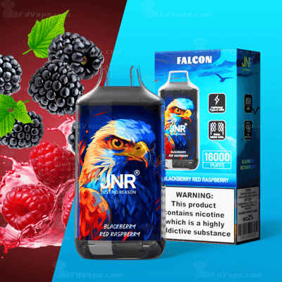 Appareil de vapotage JNR Falcon au goût de mûre et de framboise rouge, affichant un graphique d'aigle sur l'appareil et l'emballage du produit avec des avertissements sur la teneur en nicotine.