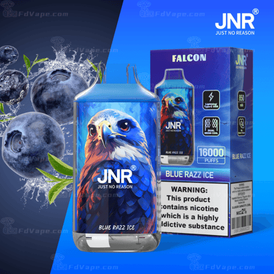 JNR Falcon Blue Razz Ice vape jetable avec image de myrtille, 16 000 bouffées, batterie 850 mAh et avertissement de nicotine