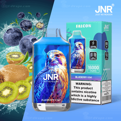 Produit de vapotage JNR Falcon aux saveurs de myrtille et de kiwi, avec une image d'un faucon sur l'emballage.