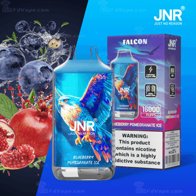 Un appareil à vapotage et un emballage présentant un motif d'oiseau bleu et orange, avec le texte indiquant « JNR - Just No Reason » et « Blueberry Pomegranate Ice ». L'emballage comprend un avertissement sur la nicotine et des détails sur 16 000 bouffées, 850 mAh et des fonctionnalités telles que l'USB Type-C et la bobine à double maille. Des images de myrtille et de grenade sont visibles en arrière-plan.