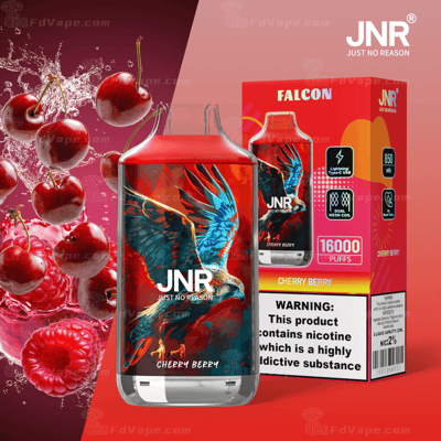 Vape JNR Cherry Berry avec graphisme d'aigle sur la bouteille, 16 000 bouffées, chargement USB Type-C, batterie 850 mAh, dans un emballage rouge avec des cerises et des framboises en arrière-plan.