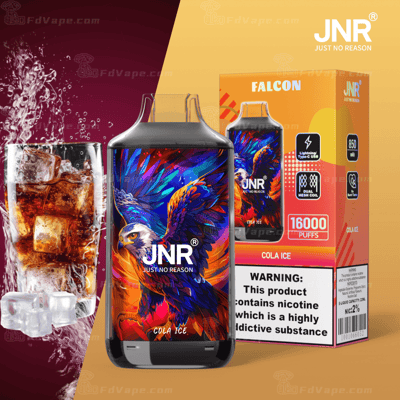 Vape JNR Falcon Cola Ice avec un design d'aigle vibrant sur l'emballage, comprenant 16 000 bouffées et un avertissement de nicotine.