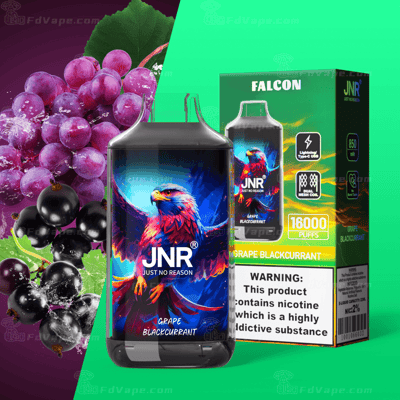 Appareil à vapotage JNR Falcon avec emballage au goût de raisin et de cassis, comportant une illustration d'aigle et des détails sur le produit, notamment 16 000 bouffées et 21 TP3T de nicotine