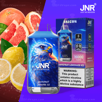 Appareil de vapotage Grapefruit Lemonade Ice de JNR avec un motif de faucon illustré sur le récipient, affichant des informations sur le produit, notamment 16 000 bouffées, une batterie de 850 mAh et une étiquette d'avertissement sur la nicotine.