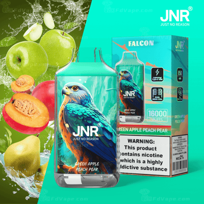 Appareil de vapotage JNR Falcon avec un motif de perroquet sur le devant, étiqueté saveur « Pomme verte, pêche, poire », à côté d'une boîte indiquant 16 000 bouffées, une batterie de 850 mAh et un avertissement concernant la nicotine.