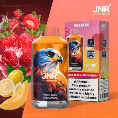 Appareil de vapotage JNR Falcon avec saveur Hubba Bubba Strawberry, comportant un graphique d'aigle sur l'appareil et l'emballage du produit avec un avertissement de nicotine.