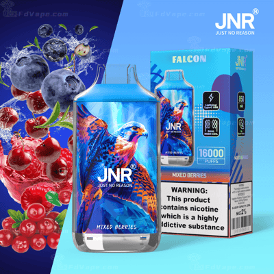 Emballage de l'appareil de vapotage JNR Falcon comportant un graphique de faucon, étiqueté « Mixed Berries », ainsi que des images de baies et des détails du produit, notamment 16 000 bouffées et un avertissement concernant la nicotine.