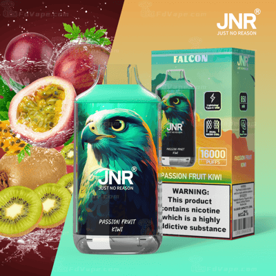 Vape saveur fruit de la passion kiwi avec un faucon illustré sur le devant, étiqueté JNR (Just No Reason), 16 000 bouffées, batterie 850 mAh, bobine à double maille, chargement USB Type-C et avertissement de nicotine