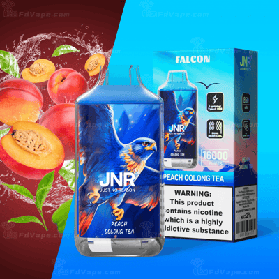 Vape JNR aromatisée au thé Oolong à la pêche avec 16 000 bouffées, avec un graphisme de faucon bleu, une étiquette d'avertissement de nicotine, une batterie de 850 mAh et une bobine à double maille.