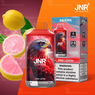 Emballage de vape coloré pour la saveur JNR Falcon « Pink Lemon », avec une illustration d'aigle vibrante, un citron rose tranché et une étiquette d'avertissement sur la nicotine.