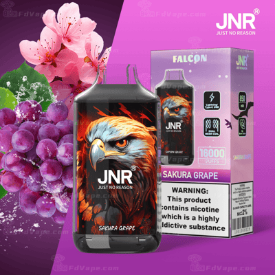 Appareil de vapotage JNR Falcon Sakura Grape avec une illustration d'aigle sur le devant, doté de 16 000 bouffées, d'un chargement USB de type C, d'une batterie de 850 mAh et de nicotine 2%.