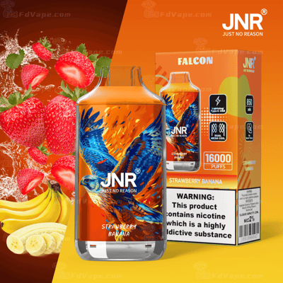 Appareil de vapotage JNR au goût de fraise et de banane d'une capacité de 16 000 bouffées, doté d'un motif de faucon orange et bleu sur le flacon et l'emballage, d'une étiquette d'avertissement sur la dépendance à la nicotine et d'un port de charge de type C.