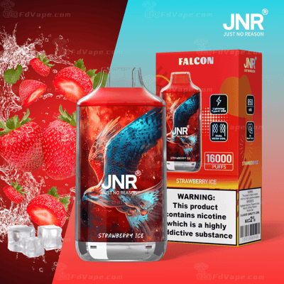 Emballage de vape JNR Falcon Strawberry Ice présentant un design de faucon rouge et bleu, des images de fraise et de glace et des détails sur le produit, notamment 16 000 bouffées, de la nicotine 2% et un chargement USB-C.