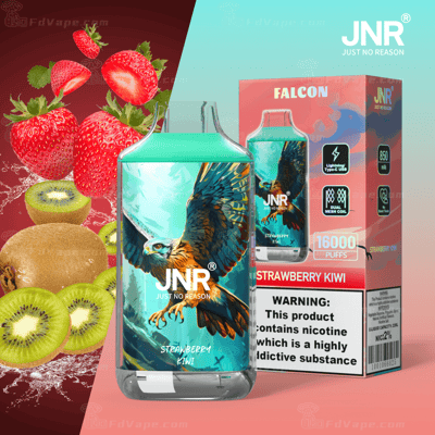 JNR "Just No Reason" Falcon vape avec saveur fraise kiwi, affichant un design d'aigle vibrant sur l'appareil et l'emballage ; les points forts incluent 16 000 bouffées, une batterie de 850 mAh et de la nicotine 2%.
