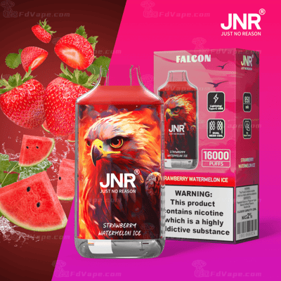 Appareil à vapotage rouge étiqueté « JNR - Just No Reason » avec un graphisme de faucon féroce, une saveur notée « Strawberry Watermelon Ice », à côté d'un emballage indiquant 16 000 bouffées, une batterie de 850 mAh et un avertissement concernant la nicotine.