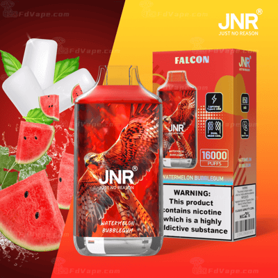 Produit de vape JNR Falcon Watermelon Bubblegum avec 16 000 bouffées, comportant une image de faucon rouge sur l'appareil, des graphismes de saveur de pastèque et de gomme et des spécifications comprenant une batterie de 850 mAh, une bobine à double maille et un chargement de type C.