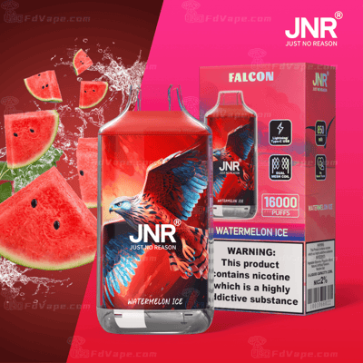 Paquet de cigarette électronique JNR présentant un motif de faucon rouge et bleu avec une saveur de glace à la pastèque et un avertissement concernant la nicotine.