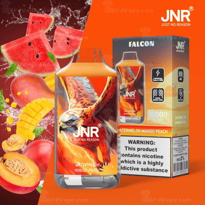 JNR Falcon vape au goût de pastèque, mangue, pêche avec un graphisme d'aigle sur l'appareil, doté d'une batterie de 850 mAh, d'une bobine à double maille et de 16 000 bouffées, ainsi que de l'emballage affichant les détails du produit et l'avertissement sur la nicotine.