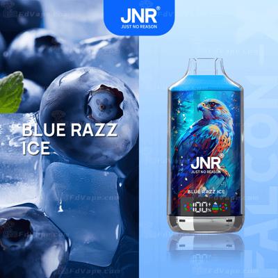 Blue Razz Ice vape product with blueberry and ice cube visuals, featuring a hawk illustration on the packaging and the JNR "Just No Reason" branding.