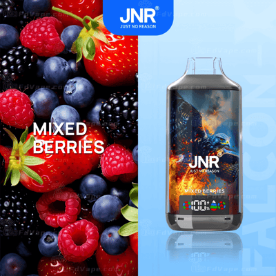 "JNR Mixed Berries vape product image, featuring a close-up of strawberries, raspberries, blueberries, and blackberries on the left, and the vape device with a falcon design and product branding on the right."