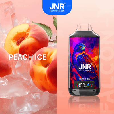 Peach-flavored vape device with a vibrant falcon design, labeled "JNR Just No Reason" and "Peach Ice."