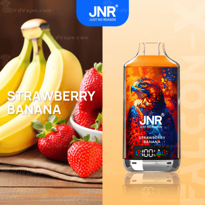 JNR Strawberry Banana vape product with a colorful hawk design on the packaging, displayed alongside fresh bananas and strawberries.