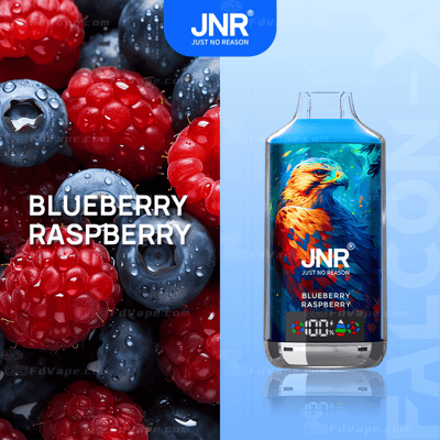 Close-up of blueberries and raspberries next to a vape bottle with a colorful bird design, labeled "JNR Blueberry Raspberry."