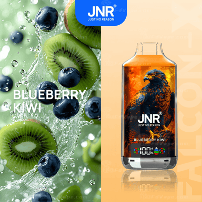 "JNR Blueberry Kiwi vape product featuring a close-up of fresh blueberries and kiwi slices with water splashes on the left, and a vape bottle design with an eagle illustration on the right."