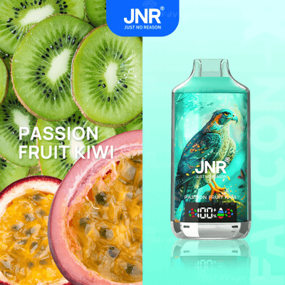 Close-up of sliced kiwi and passion fruit next to a vape device featuring a bird design and labeled "Passion Fruit Kiwi" with the brand "JNR."