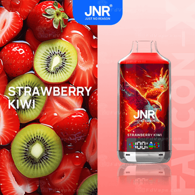 JNR strawberry kiwi-flavored vape with a vibrant red bottle design featuring a fiery phoenix and digital indicators at the bottom.