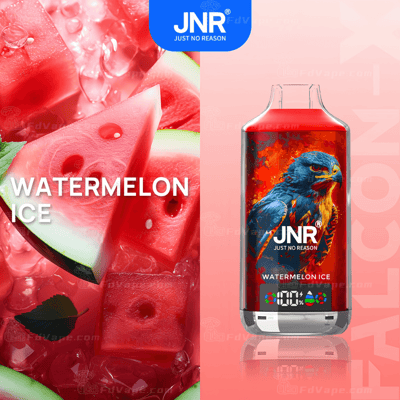 Watermelon Ice vape packaging by JNR featuring a close-up of watermelon slices with ice on the left and a vape device with a bold falcon illustration on the right.
