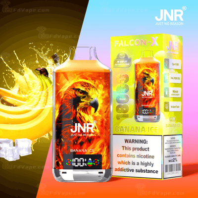 Image of a JNR vape package featuring an eagle design and labeled "Banana Ice." The package highlights features like "1800" puffs and an "HD Display." It includes a nicotine warning.