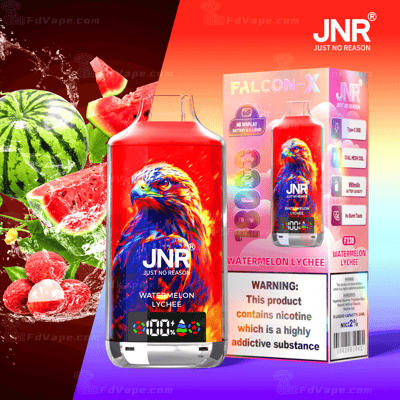 Package design for JNR Watermelon Lychee vape, featuring a colorful eagle illustration and product specifications.