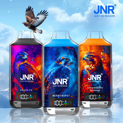 Drei farbenfrohe JNR-Vape-Flaschen mit den Aufschriften „Peach Ice“, „Berry Burst“ und „Strawberry Banana“, jede mit einer lebendigen Falkenillustration vor einem Berg- und Himmelshintergrund.