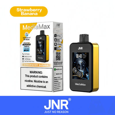 MediaMax vape-apparaatverpakking met aardbei-bananensmaak, met een extra groot HD-scherm en verschillende technische functies. Waarschuwingslabel over nicotinegehalte. Blauwe JNR-branding onderaan.