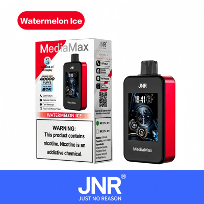Verpakking en product van het JNR MediaMax vape-apparaat in de smaak Watermelon Ice.