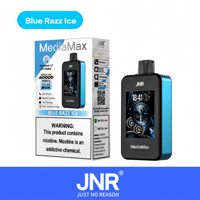 JNR MediaMax Blue Razz Ice vape-apparaat en verpakking met waarschuwingslabel over nicotinegehalte.