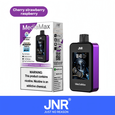 JNR MediaMax vape-apparaat in de smaak kersen, aardbei en framboos, met een digitaal display en een waarschuwing over het nicotinegehalte.
