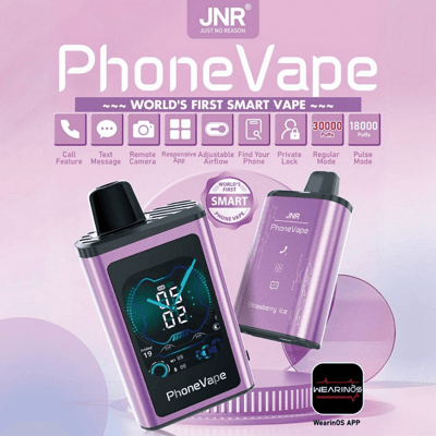 Dispositivo Purple PhoneVape con funzionalità intelligenti tra cui chiamate, messaggi, fotocamera remota e flusso d'aria regolabile, compatibile con l'app WearinOS.