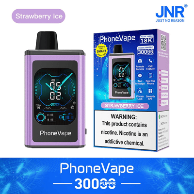Emballage de cigarette électronique « PhoneVape Strawberry Ice », comprenant un appareil de vapotage à affichage numérique et diverses fonctionnalités répertoriées sur la boîte.