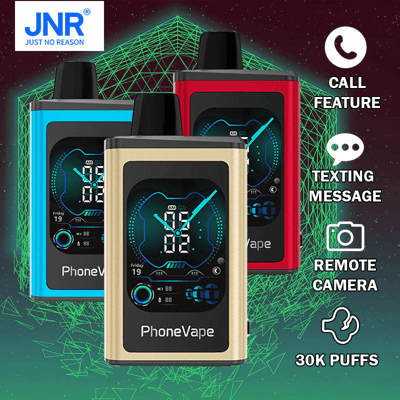 Trois appareils PhoneVape en bleu, or et rouge, dotés de fonctions d'appel, de SMS, de caméra à distance et de 30 000 bouffées.
