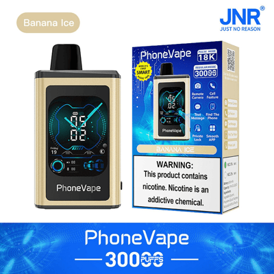 Un appareil de vapotage numérique et un emballage étiqueté « PhoneVape » avec la saveur « Banana Ice », 30 000 bouffées et un avertissement concernant la nicotine.