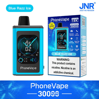 Image d'un appareil PhoneVape avec emballage, avec une saveur Blue Razz Ice. La boîte met en valeur des fonctionnalités telles que la caméra à distance et les fonctions d'appel. Un avertissement indique que le produit contient de la nicotine.