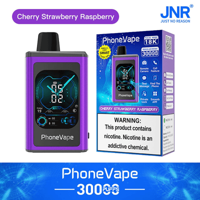 Appareil Purple PhoneVape avec affichage numérique, saveur cerise fraise framboise, à côté de l'emballage indiquant les caractéristiques et l'avertissement concernant la nicotine.