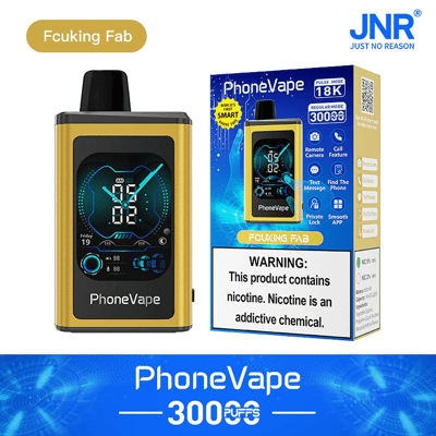 Appareil et emballage PhoneVape, dotés d'un affichage numérique et d'un avertissement sur la teneur en nicotine.